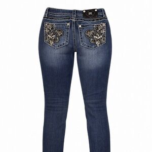 Miss Me Skinny Jeans Size 25 Dark Wash Embroidered Studded Back Pockets 31” In